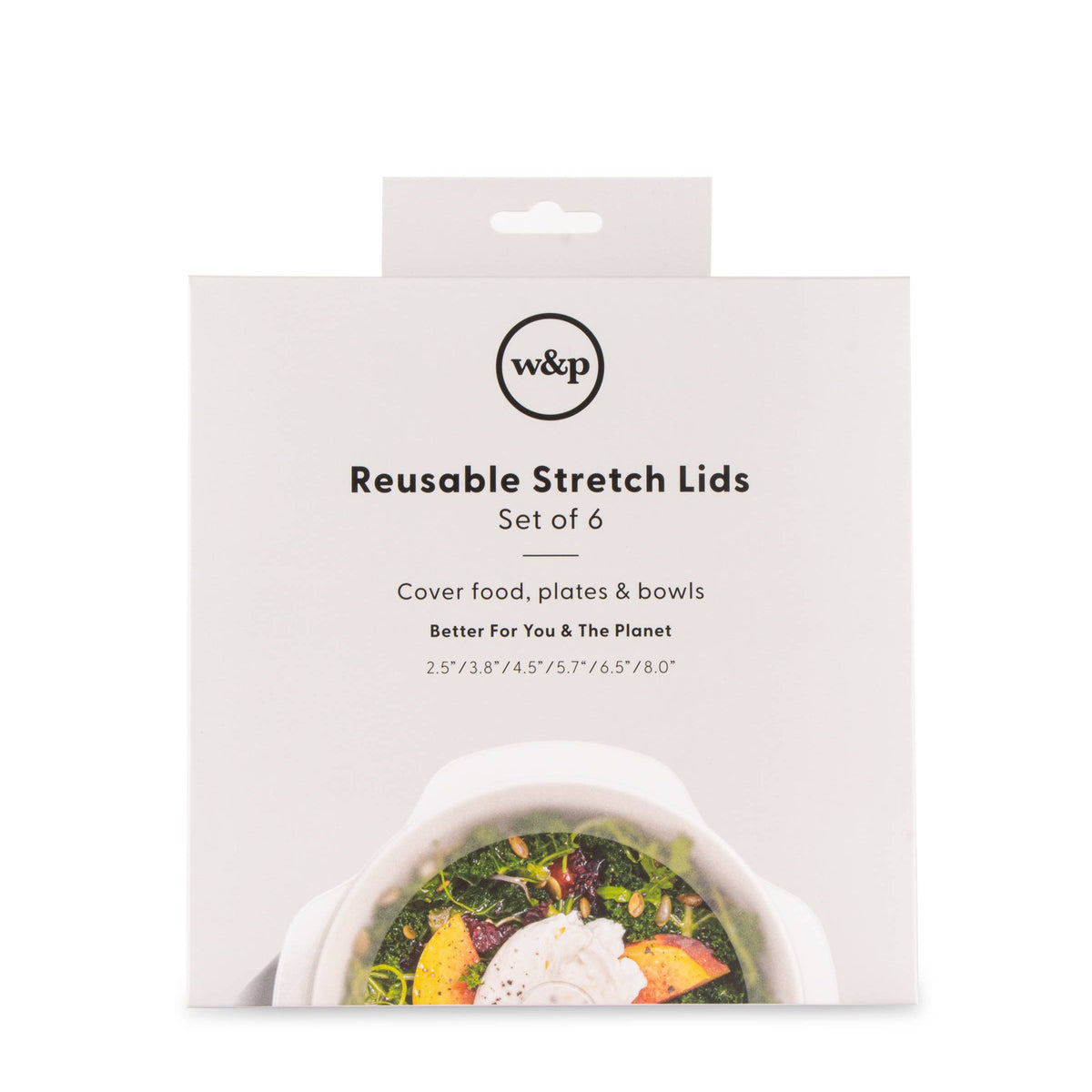Packaging of reusable stretch lids with a visible brand logo on a white background