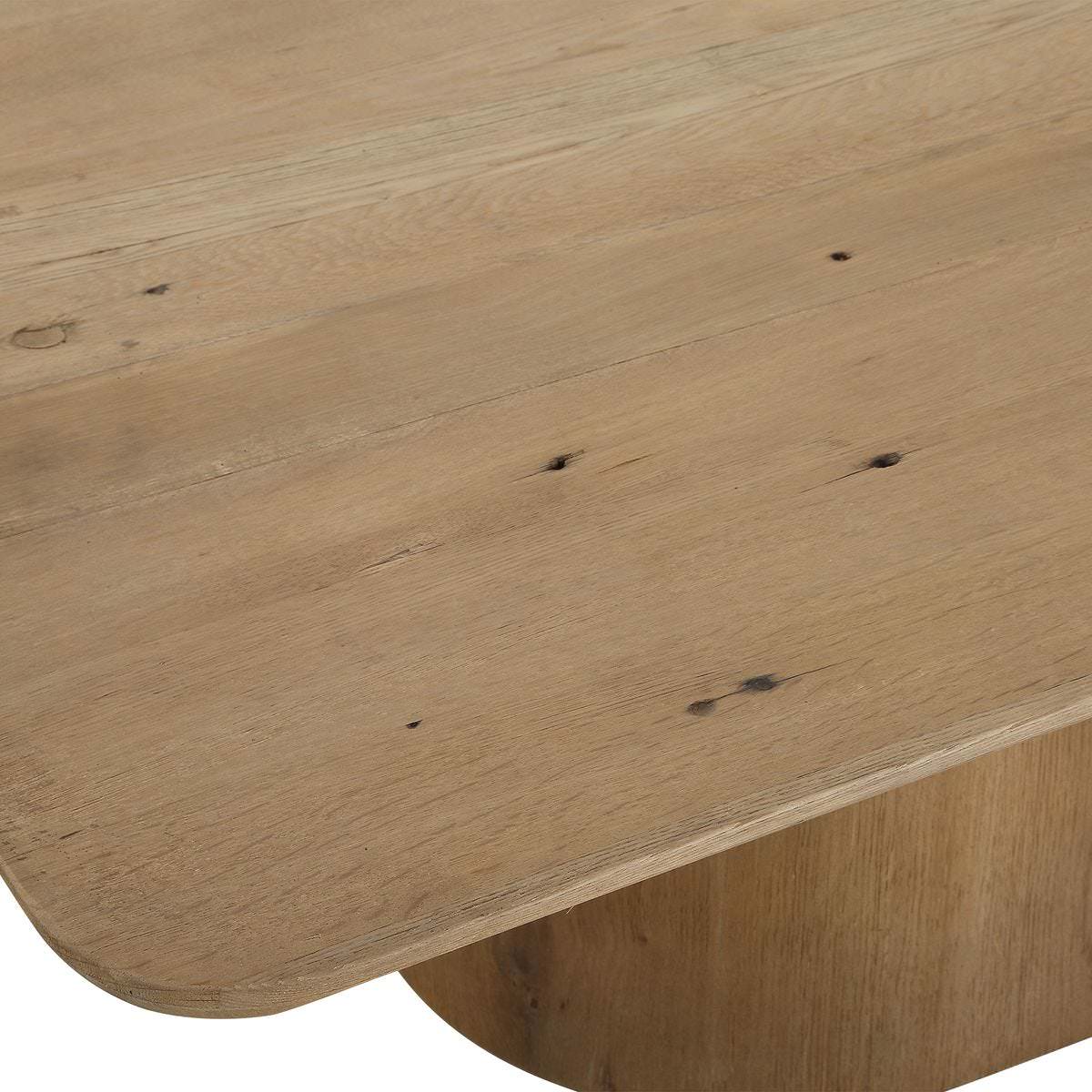 Close up of Calder Reclaimed Oak Coffee Table on a white background at Addison West