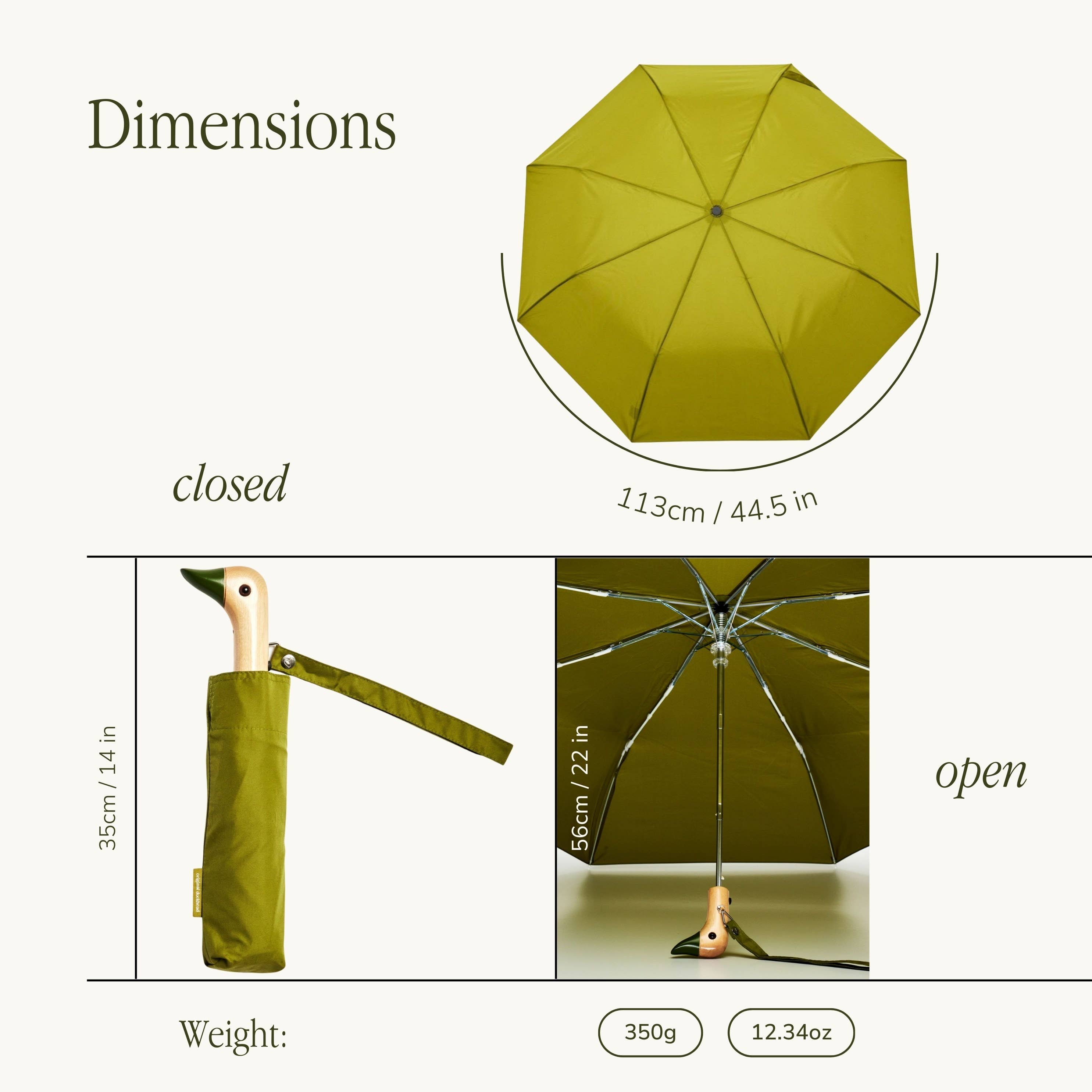 Dimensions for Original Duckhead Olive Eco-Friendly Umbrella on a white background at Addison West