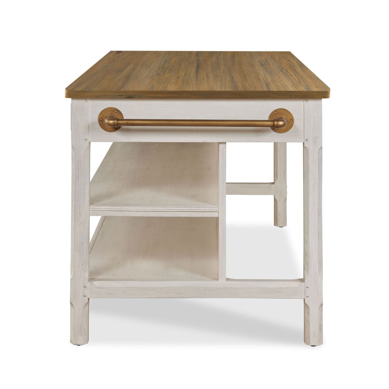 Draper's Table in Frost White Base with Antique Finish Top on a white background at Addison West