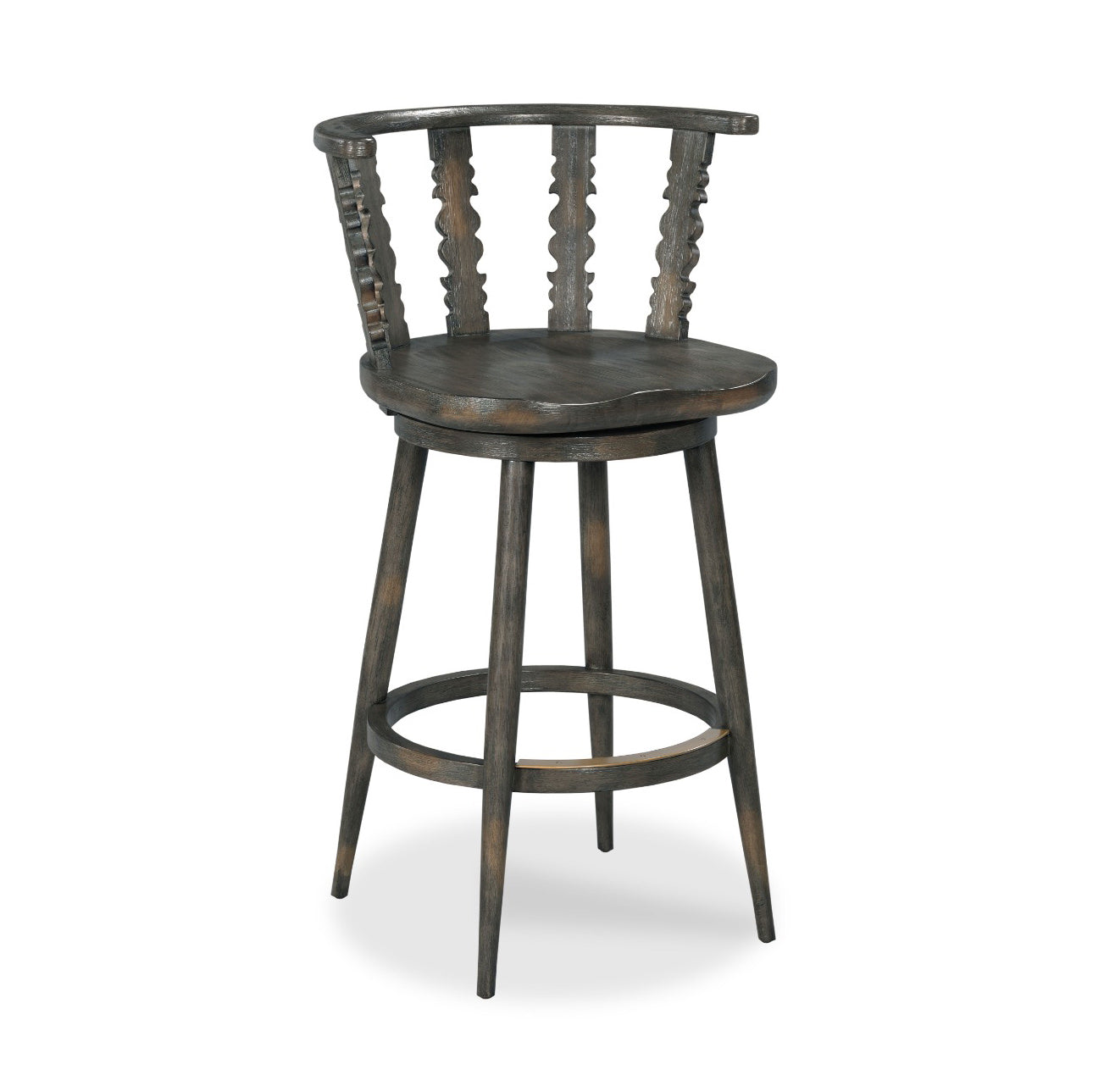 Fable Swivel Bar Stool in Worn Black Finish on a white background at Addison West