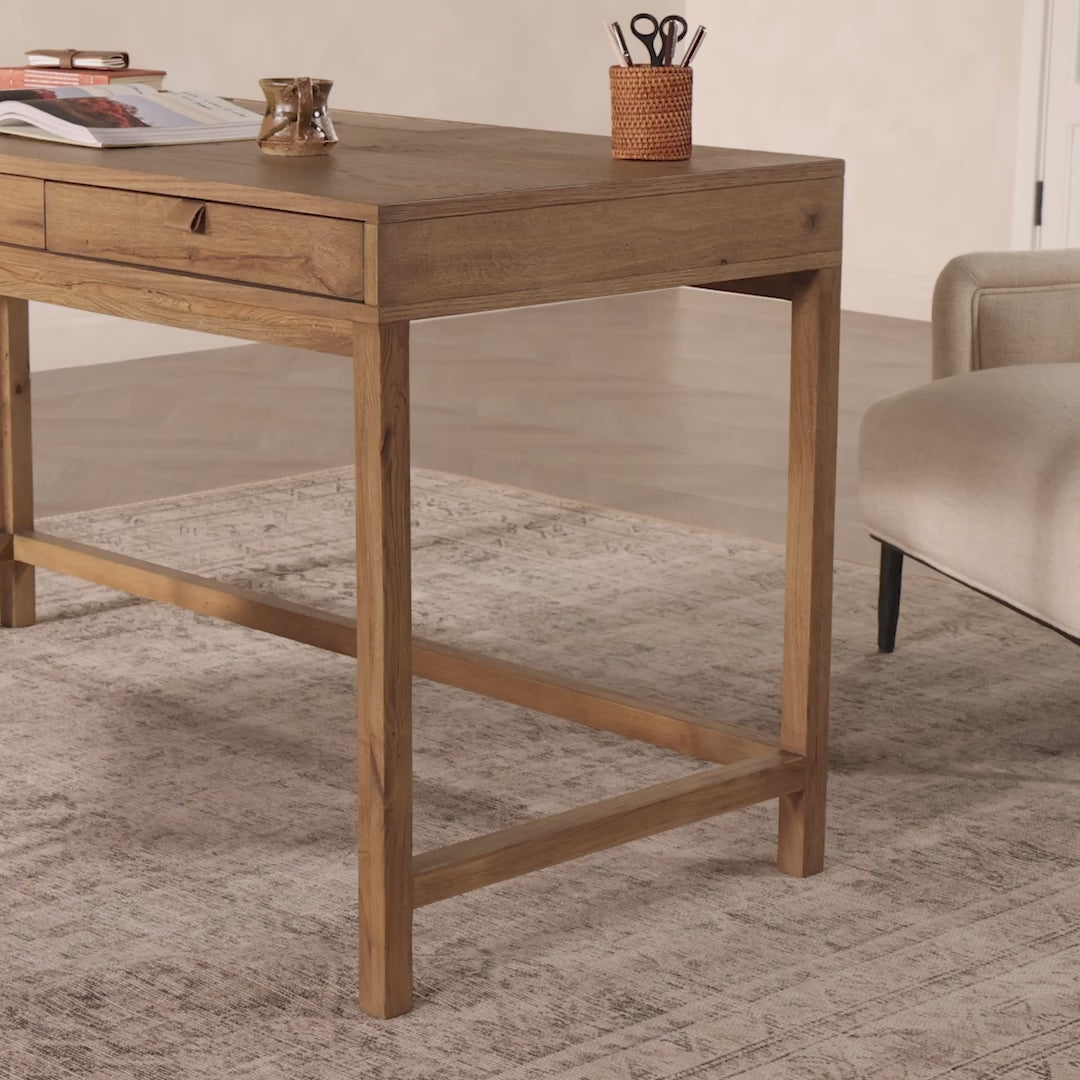 Video of Four Hands Tula Writing Desk in Worn Oak Veneer in an office at Addison West