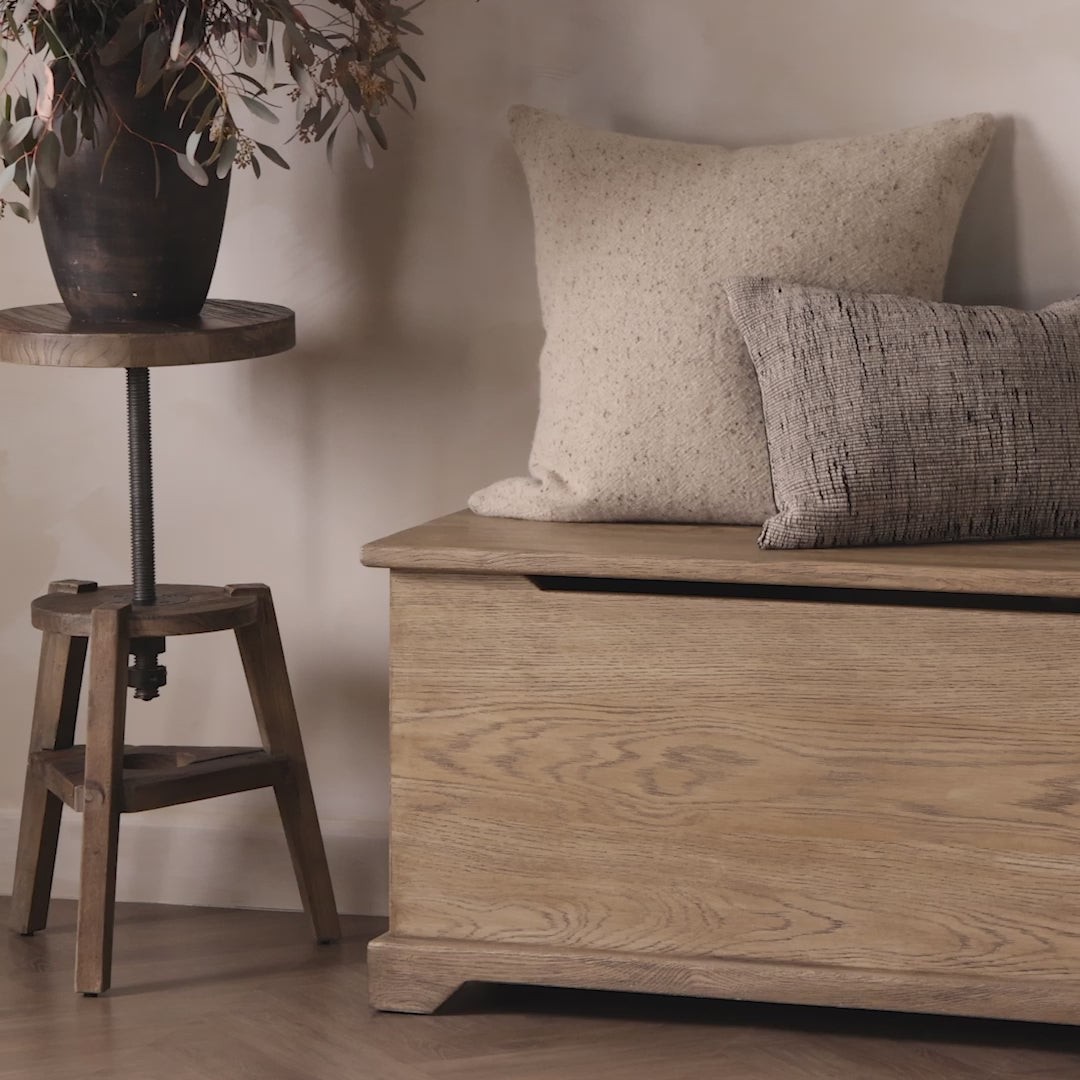 Video of Four Hands Quintin Trunk in Worn Oak against a light beige wall Addison West