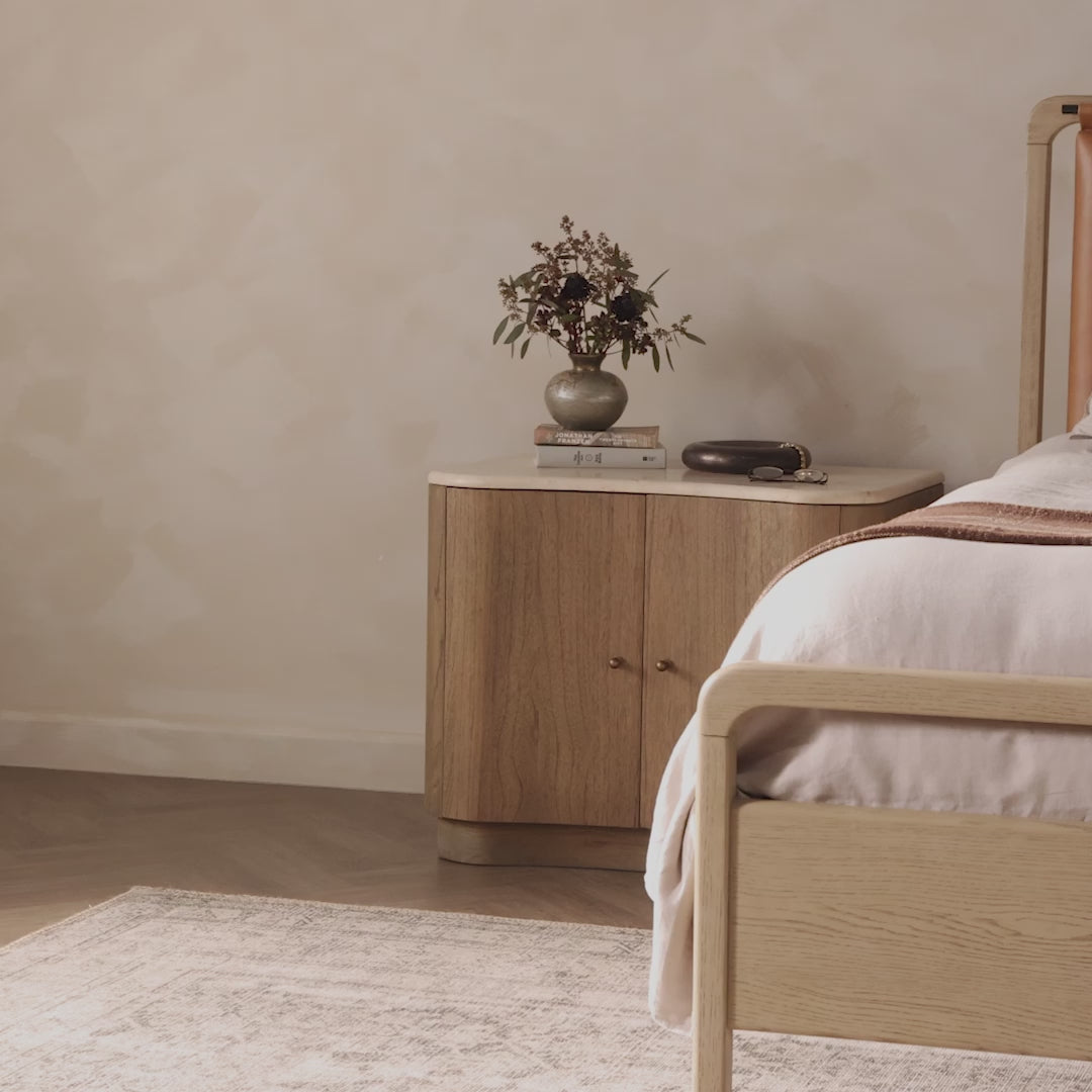 Video of Four Hands Boa Nightstand in Cream Marble in a beige bedroom at Addison West