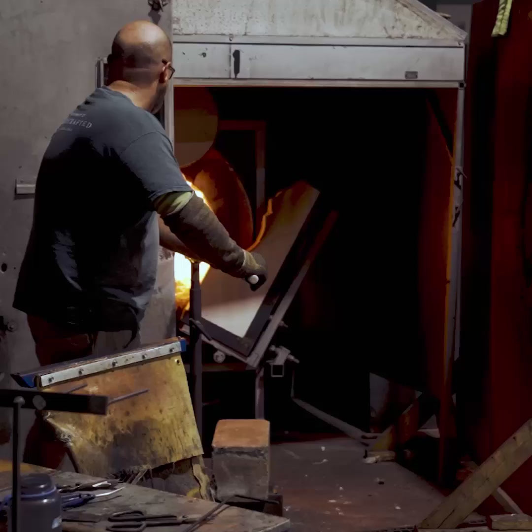 Vermont Evergreen Glass Tree, 14" being made by Simon Pearce