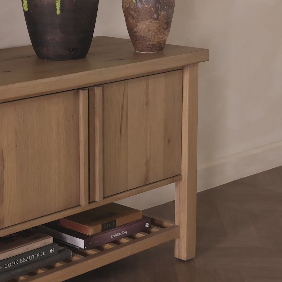 Video of Four Hands Dalton Media Console in Aged Natural Oak Veneer in a living room at Addison West