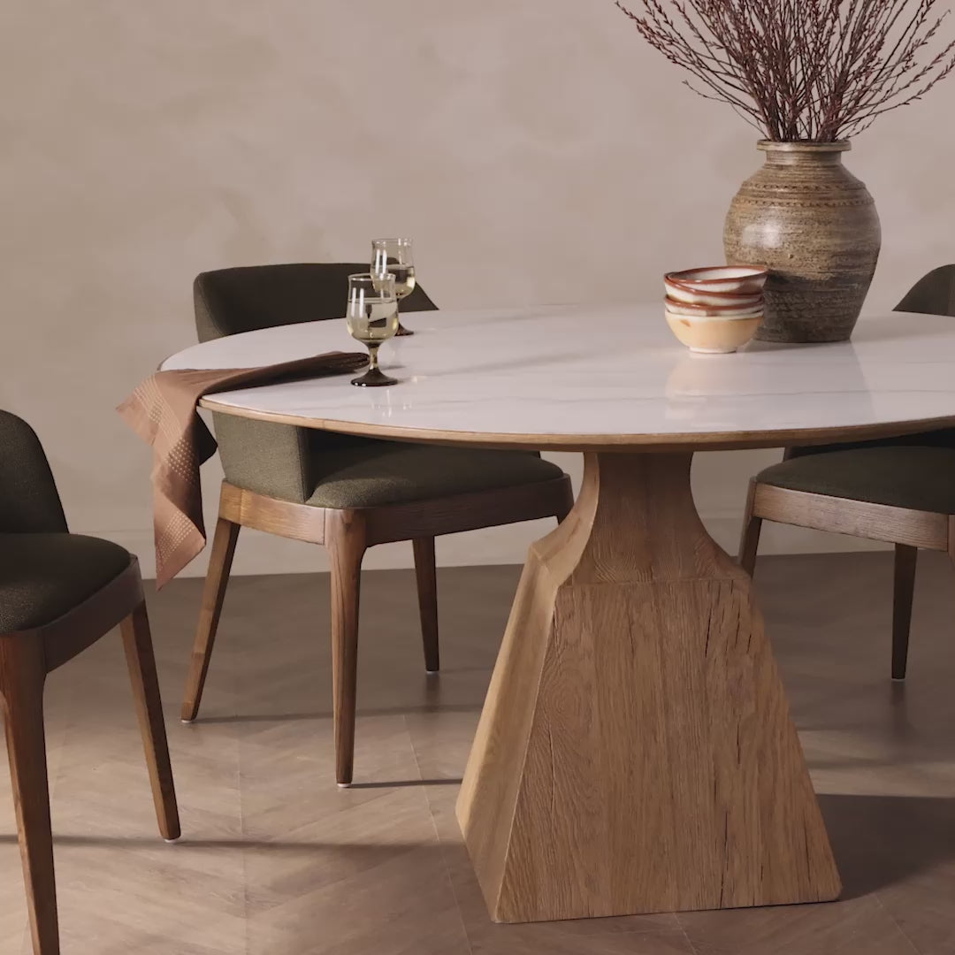 Four Hands Sargon Dining Table in Honed White Marble in a dining room at Addison West
