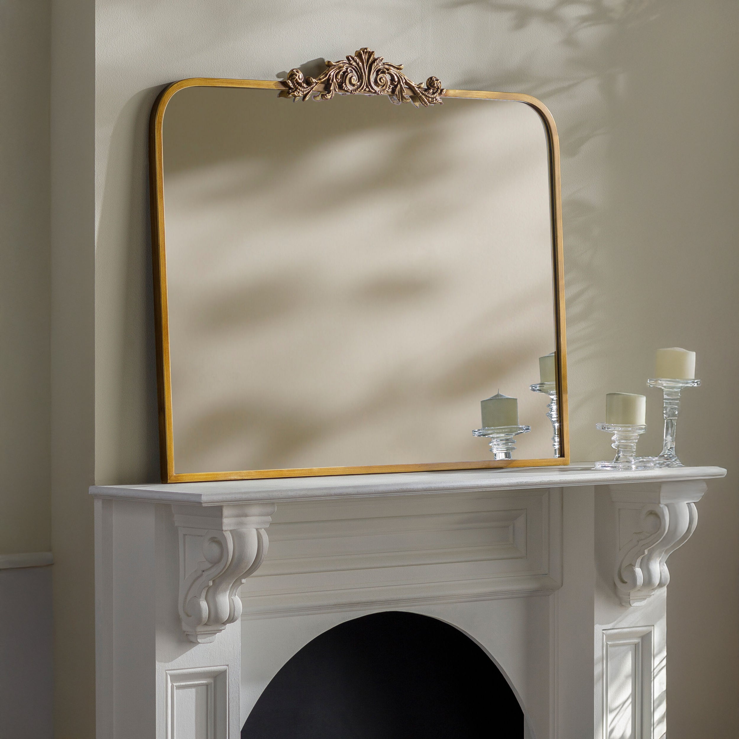 Aarlen Mantel Mirror on a white mantle at Addison West
