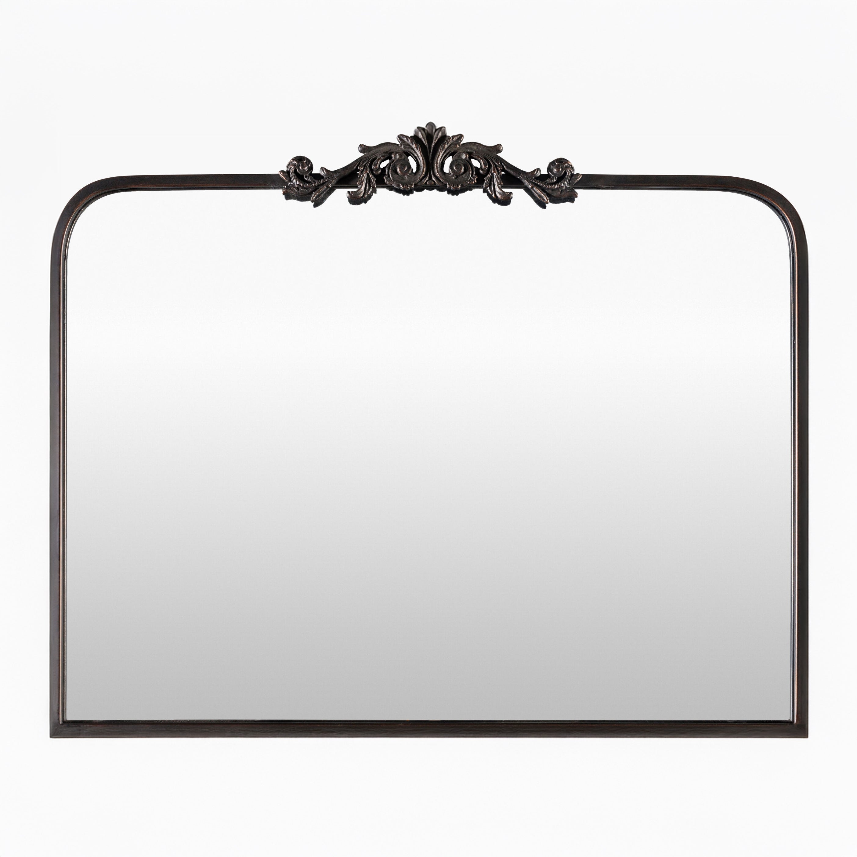 Aarlen Mantel Mirror in Antiqued Black on a white background at Addison West