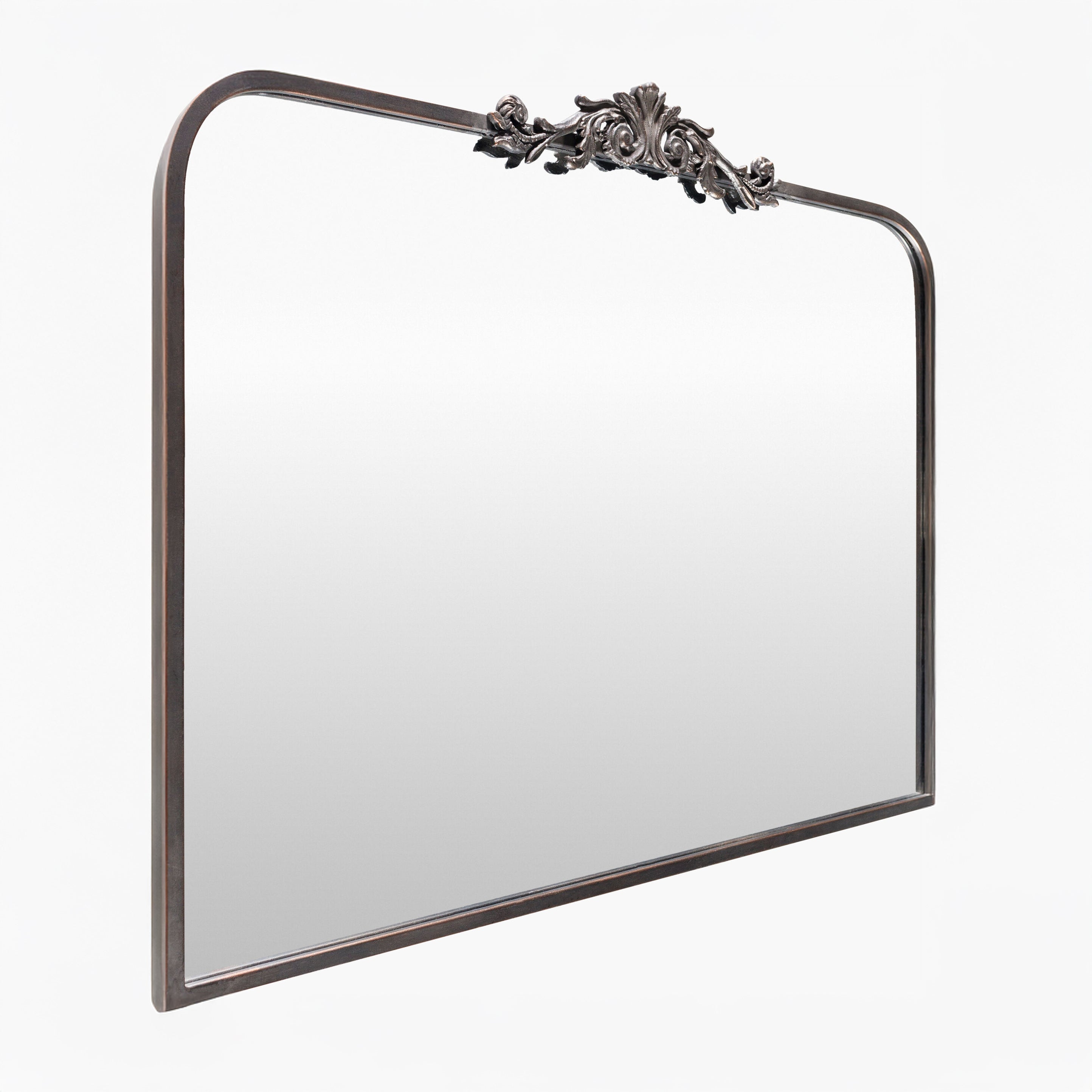Aarlen Mantel Mirror in Antiqued Black on a white background at Addison West