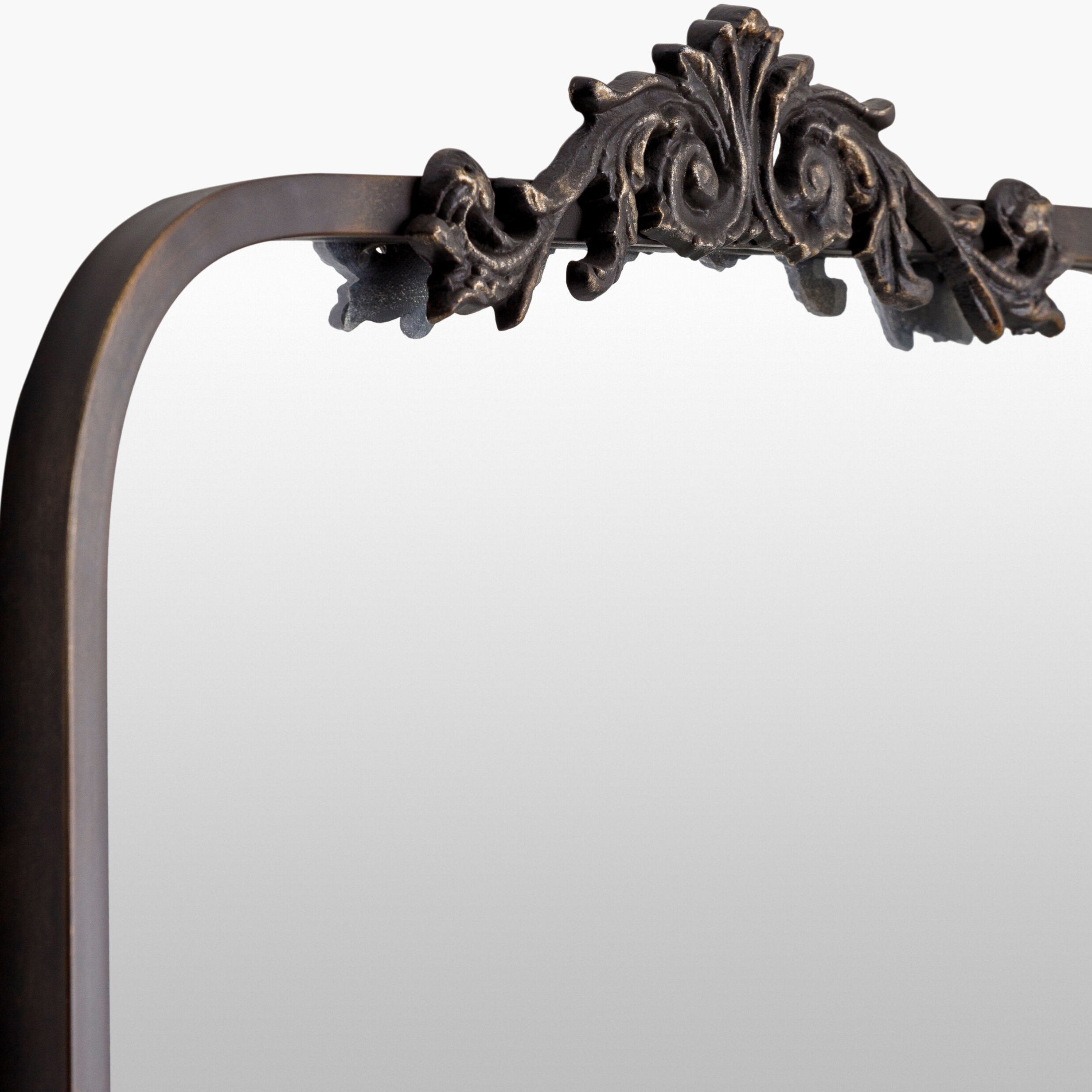 Close up of Aarlen Accent Mirror in Antiqued Black on a white background at Addison West