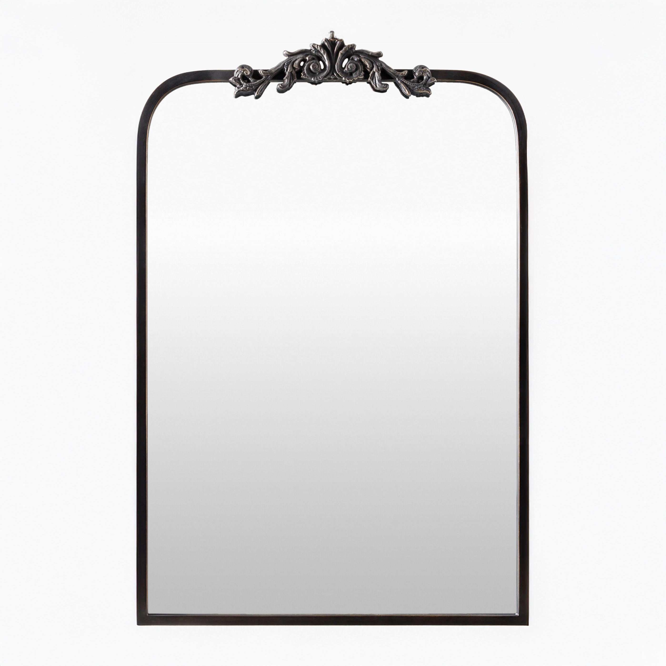 Aarlen Accent Mirror in Antiqued Black on a white background at Addison West