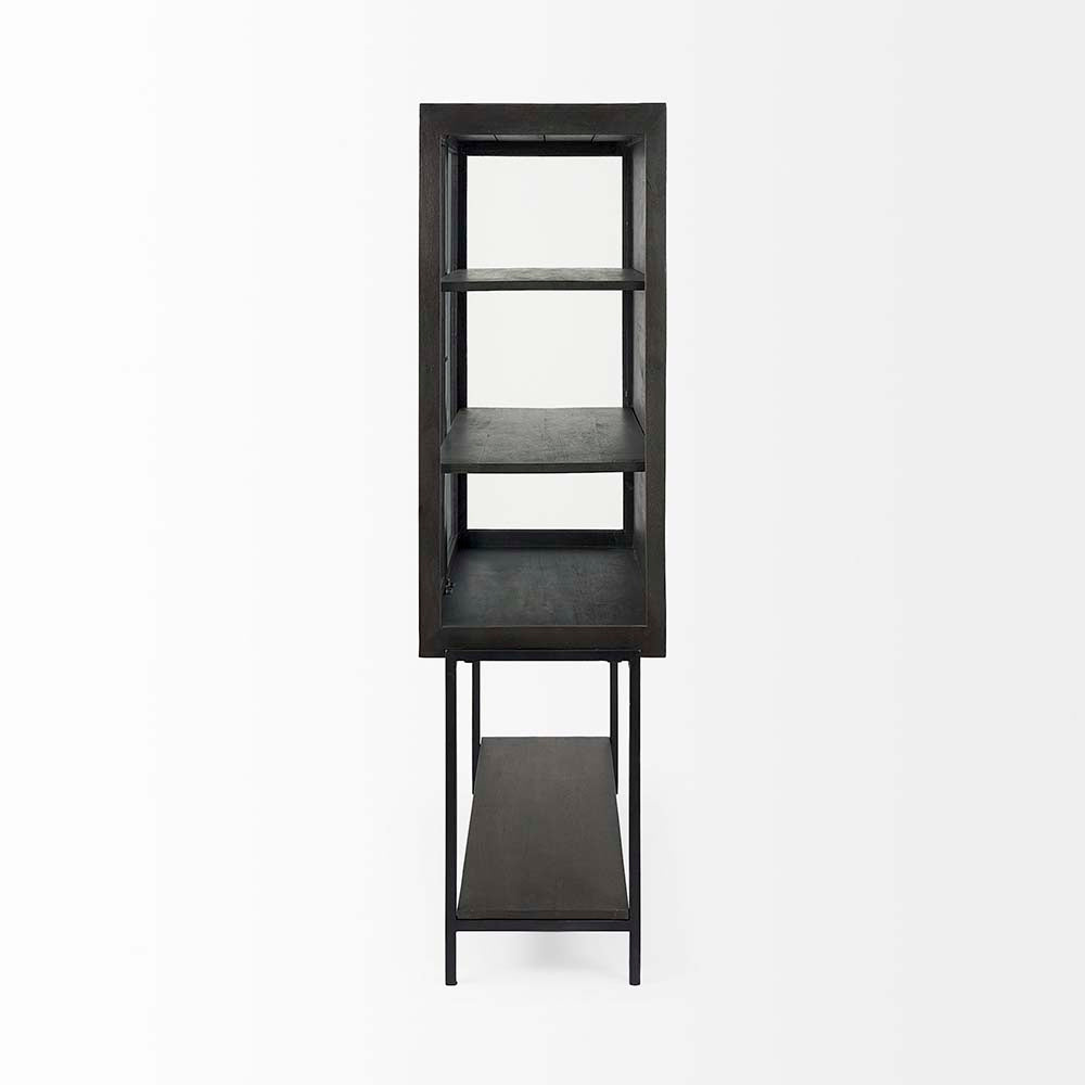 Side view of Black display cabinet with glass doors and metal base on a white background
