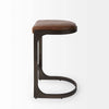 Black counter stool with iron base and U-shaped leather seat on a white background
