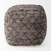 Grey square pouf with cotton and leather accents in geometric pattern on a white background