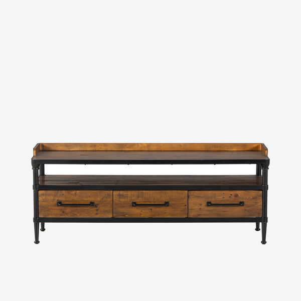 Four Hands Ivana Storage Entry Bench with wood and steel frame three drawers and bench seat on a white background