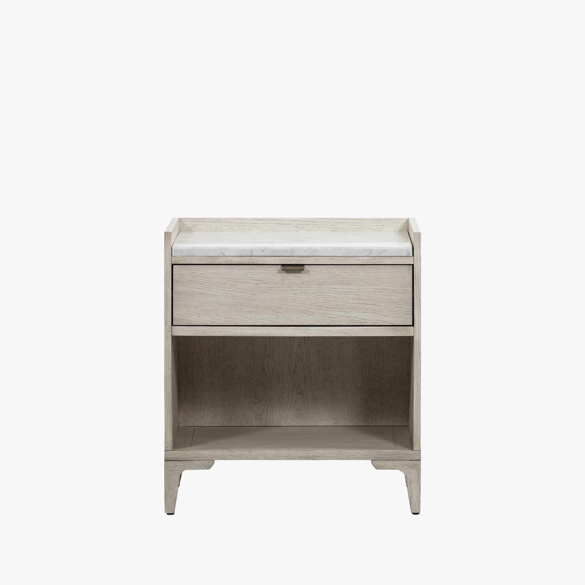 Whitewashed nightstand with drawer and marble top on a white background