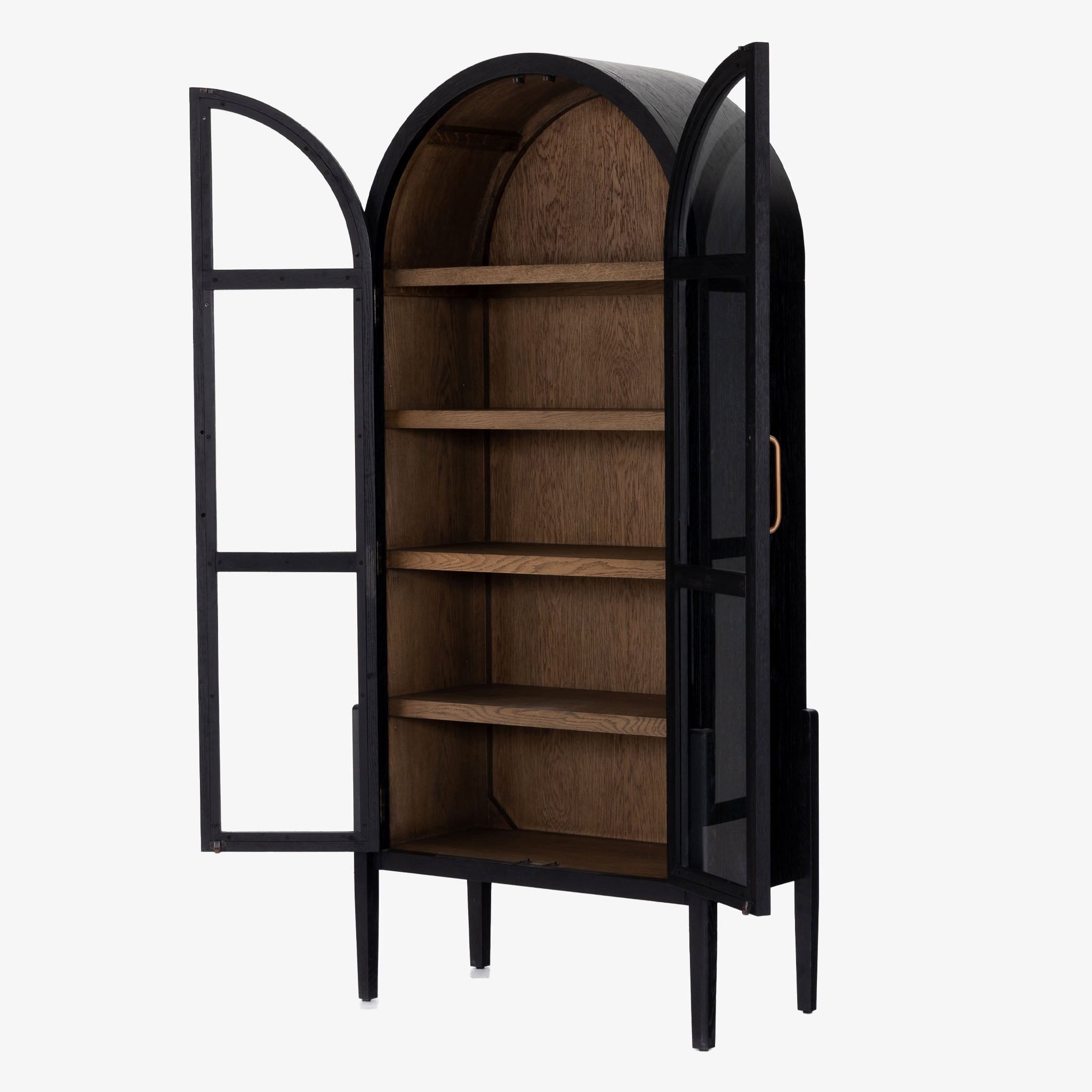 Four hands furniture brand Tolle black cabinet with arched top and wood stained interior and two glass doors on a white background