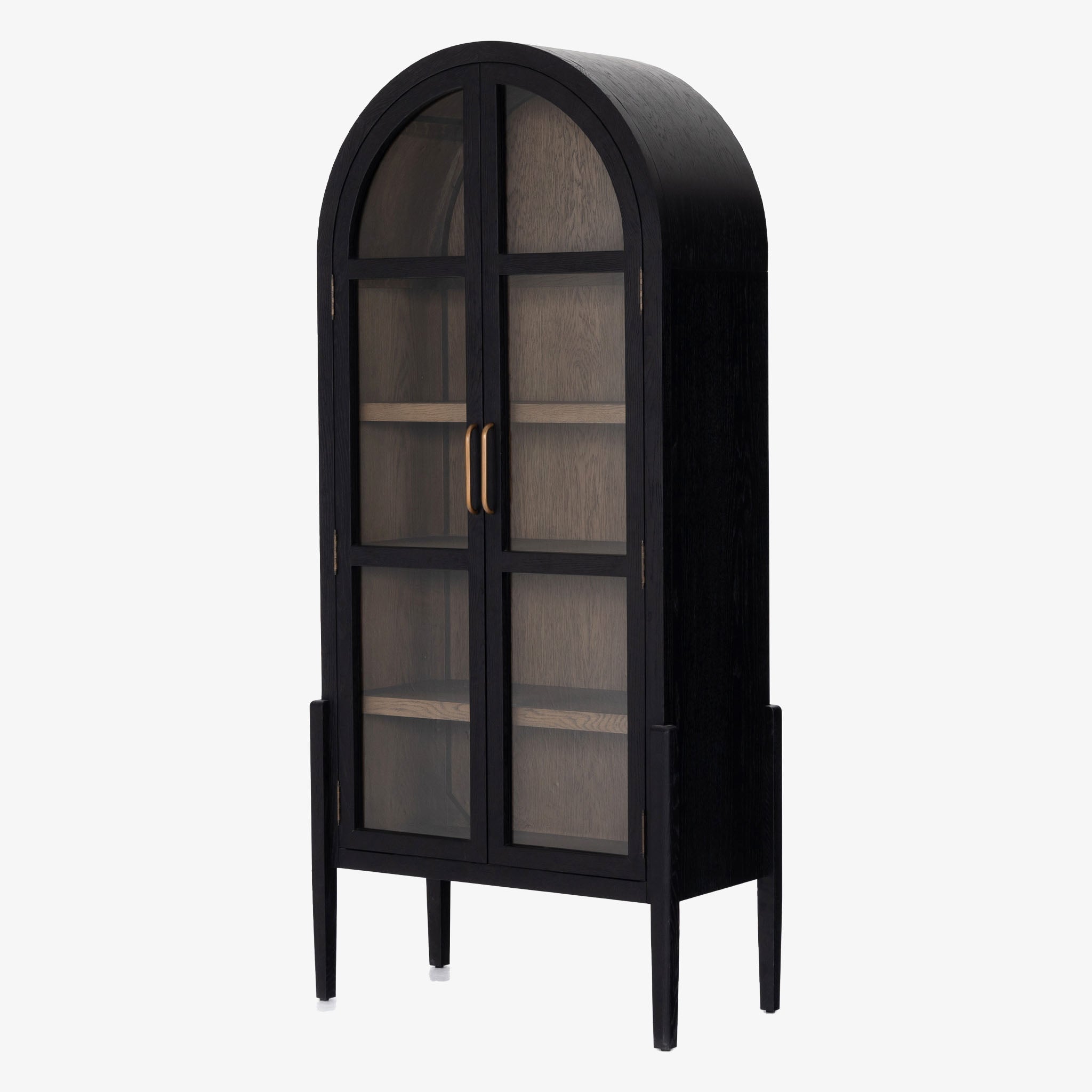 Four hands furniture brand Tolle black cabinet with arched top and wood stained interior on a white background