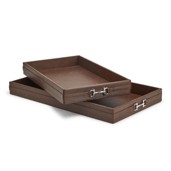Two's company brand brown vegan leather tray with horse bit accents stacked on a white background