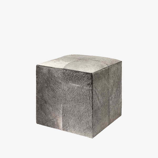 Mercana brand 'Zahavi' 20 inch Grey-toned Square hair on hide ottoman on a white background