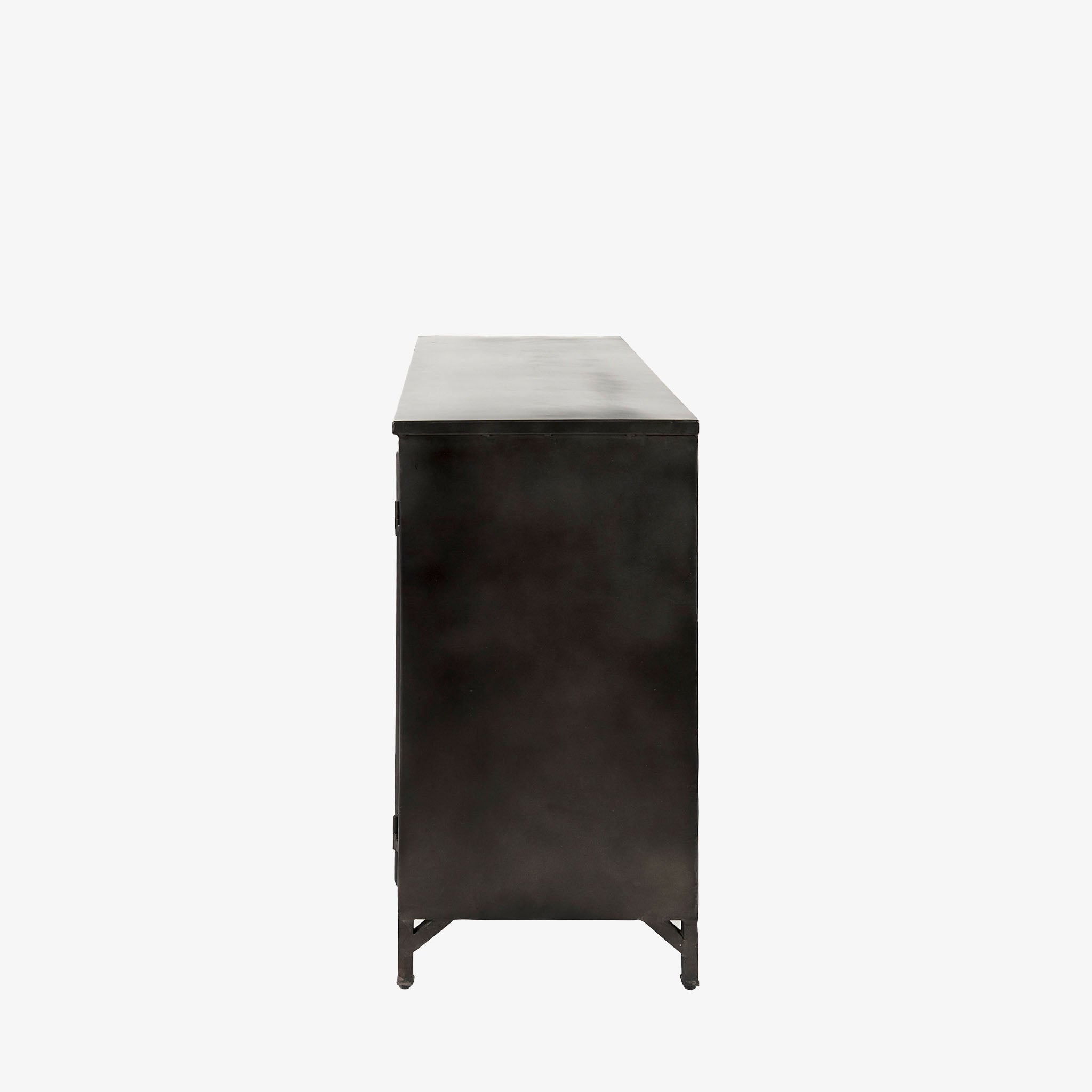 Small black metal cabinet with glass doors and cross hatch mullion design on a white background