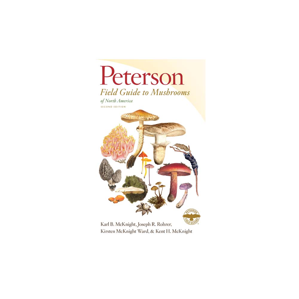 Peterson field guide to mushrooms front cover image with variety of mushrooms on a white background