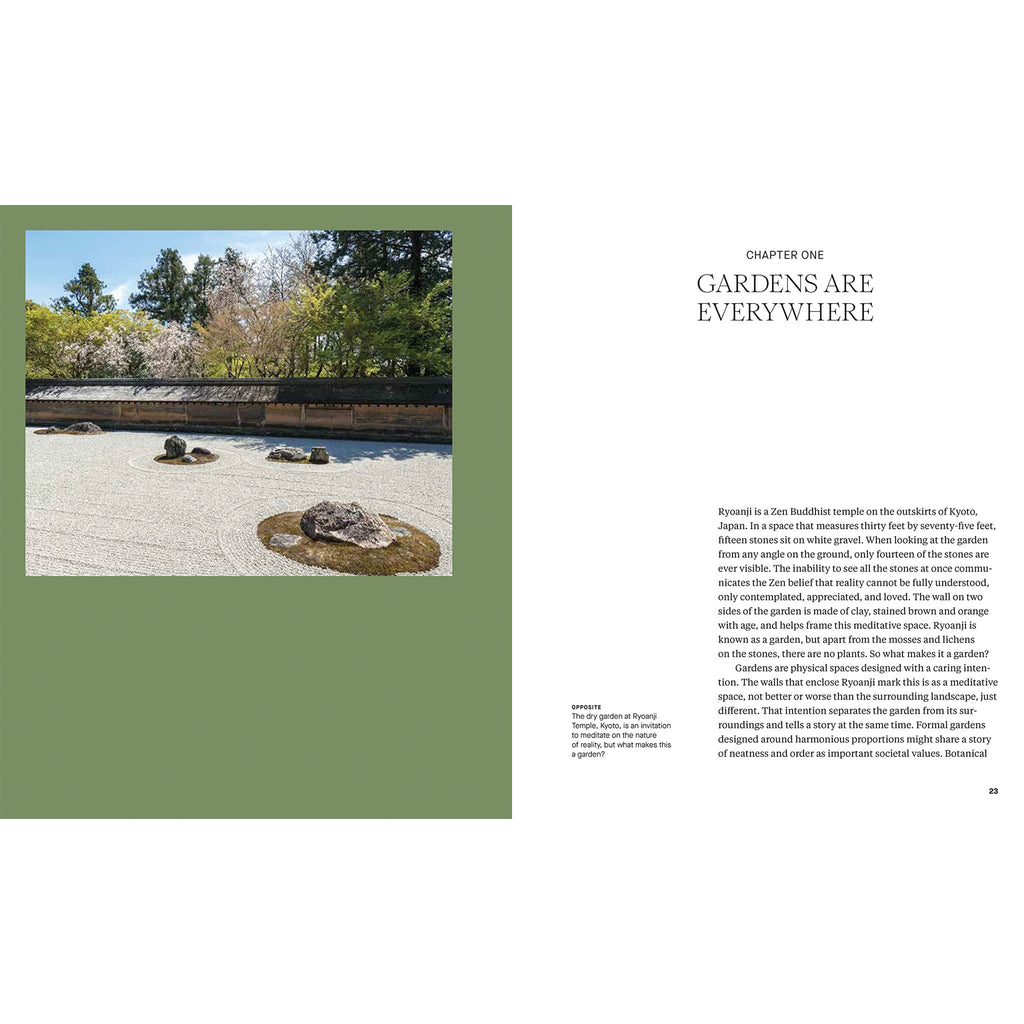 Inside pages of book titled 'a garden's purpose' showing walkways and plantings