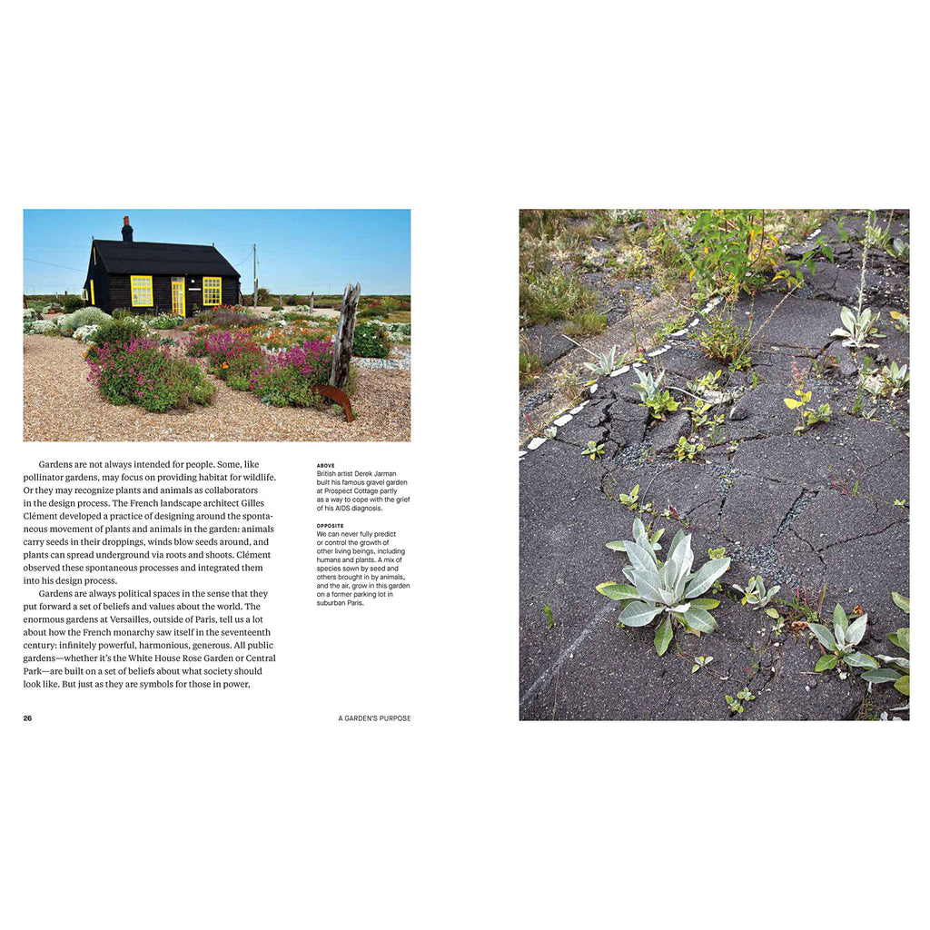 Inside pages of book titled 'a garden's purpose' showing walkways and plantings