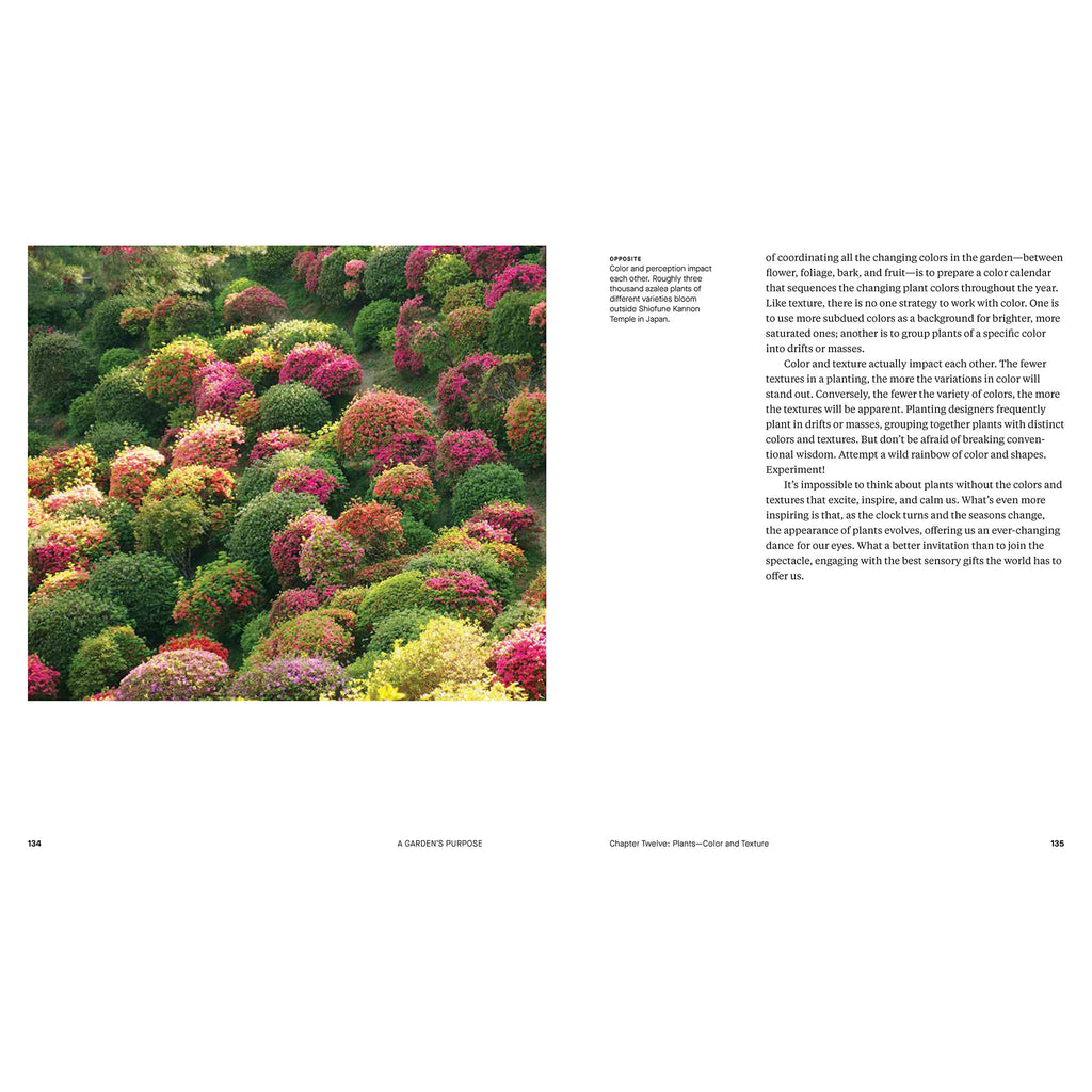 Inside pages of book titled 'a garden's purpose' showing walkways and plantings