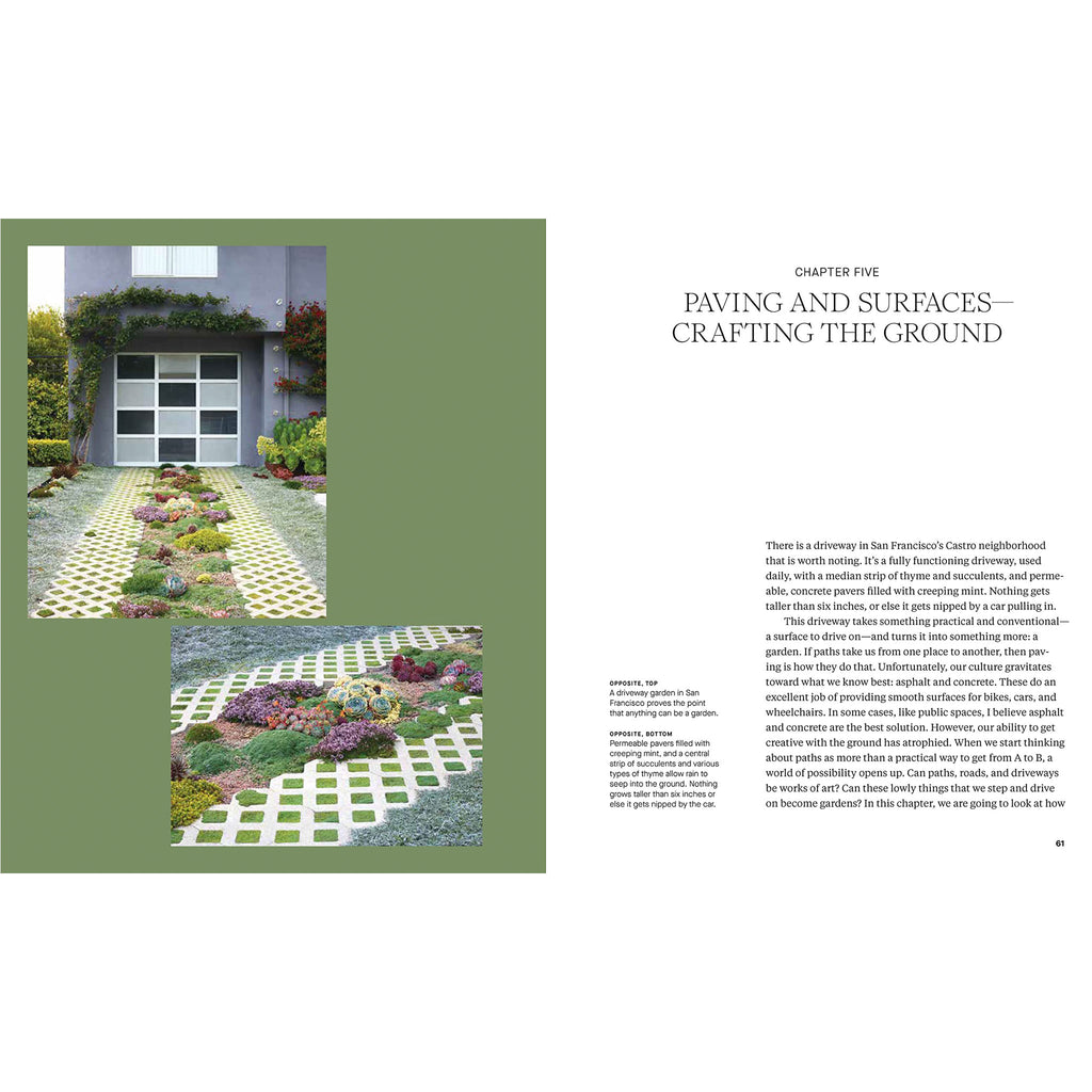 Inside pages of book titled 'a garden's purpose' showing walkways and plantings