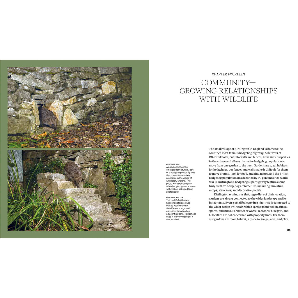 Inside pages of book titled 'a garden's purpose' showing walkways and plantings