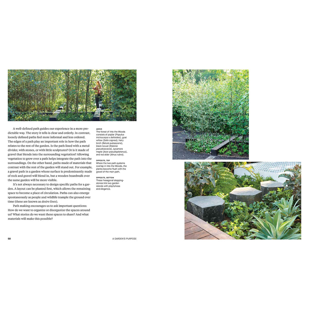 Inside pages of book titled 'a garden's purpose' showing walkways and plantings