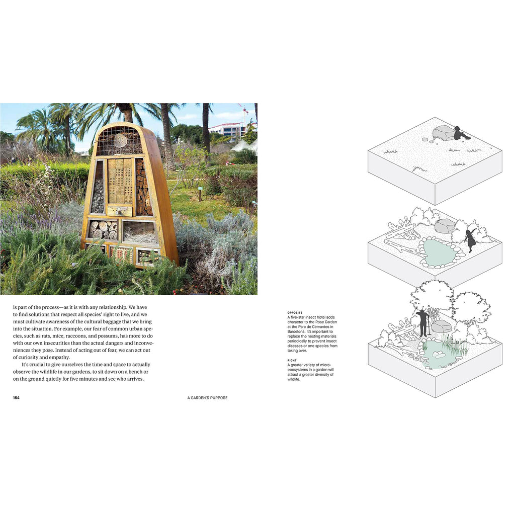 Inside pages of book titled 'a garden's purpose' showing walkways and plantings