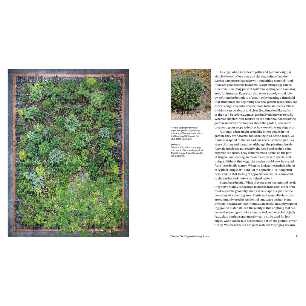 Inside pages of book titled 'a garden's purpose' showing walkways and plantings