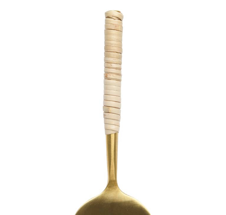 Gold finish Stainless Steel Cheese Servers with Woven Rattan Handles on a white background