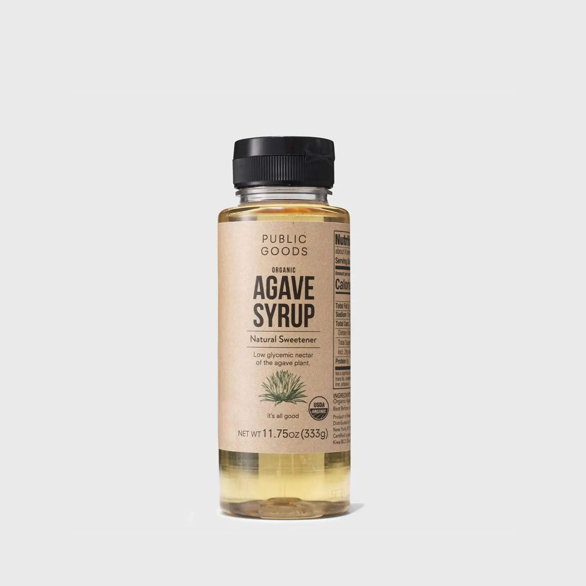 Public goods brand organic agave syrup bottle on a white background