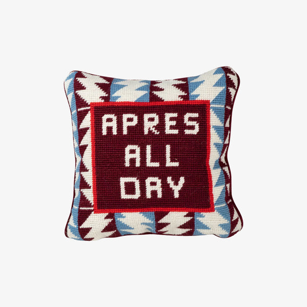 Needlepoint pillow with saying après all day on a white background