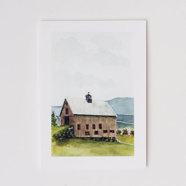 Watercolor artwork of Vermont mountains and red barn by Zarabeth Duell