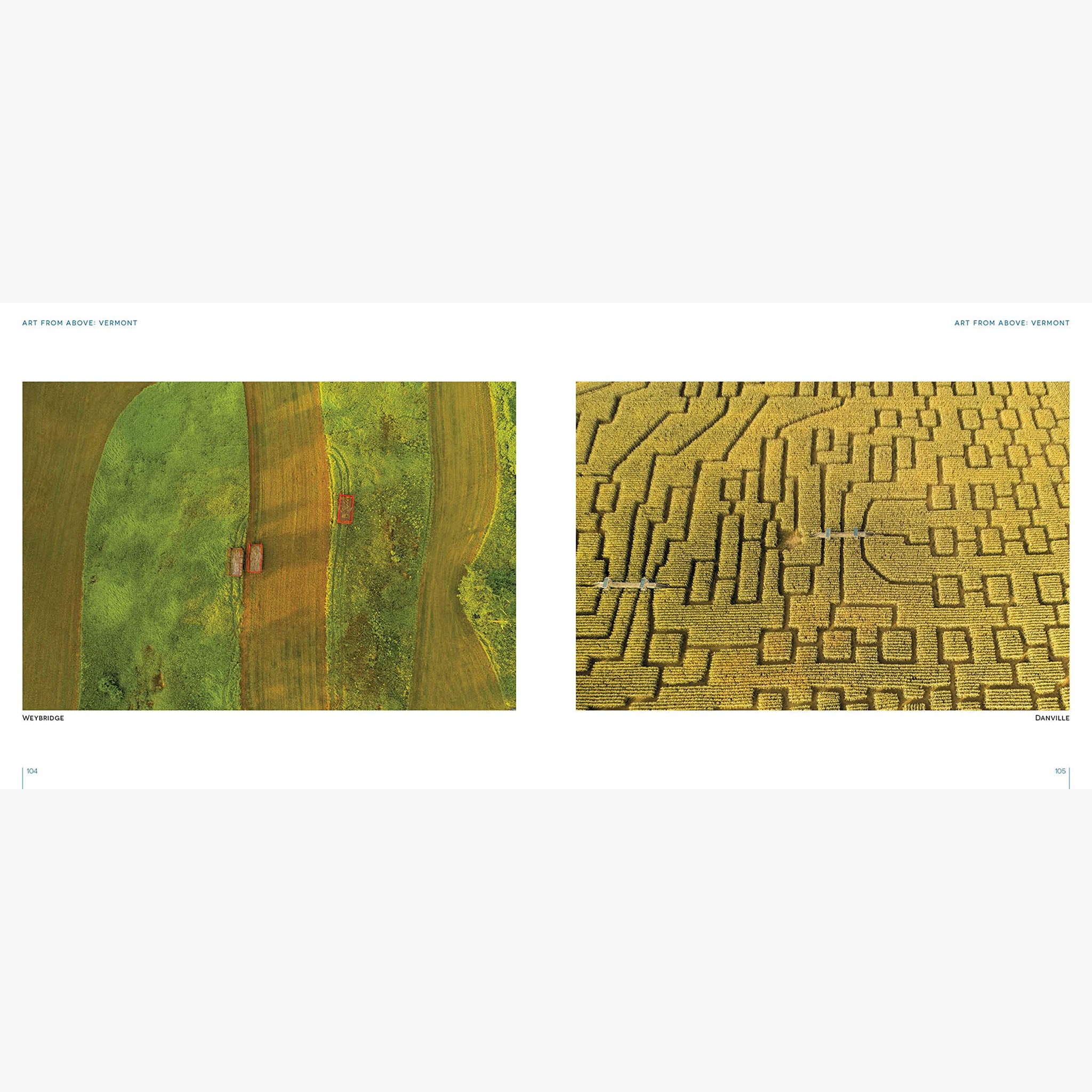 Inside pages of book: 'Art from above Vermont' photographs by Caleb Kanne