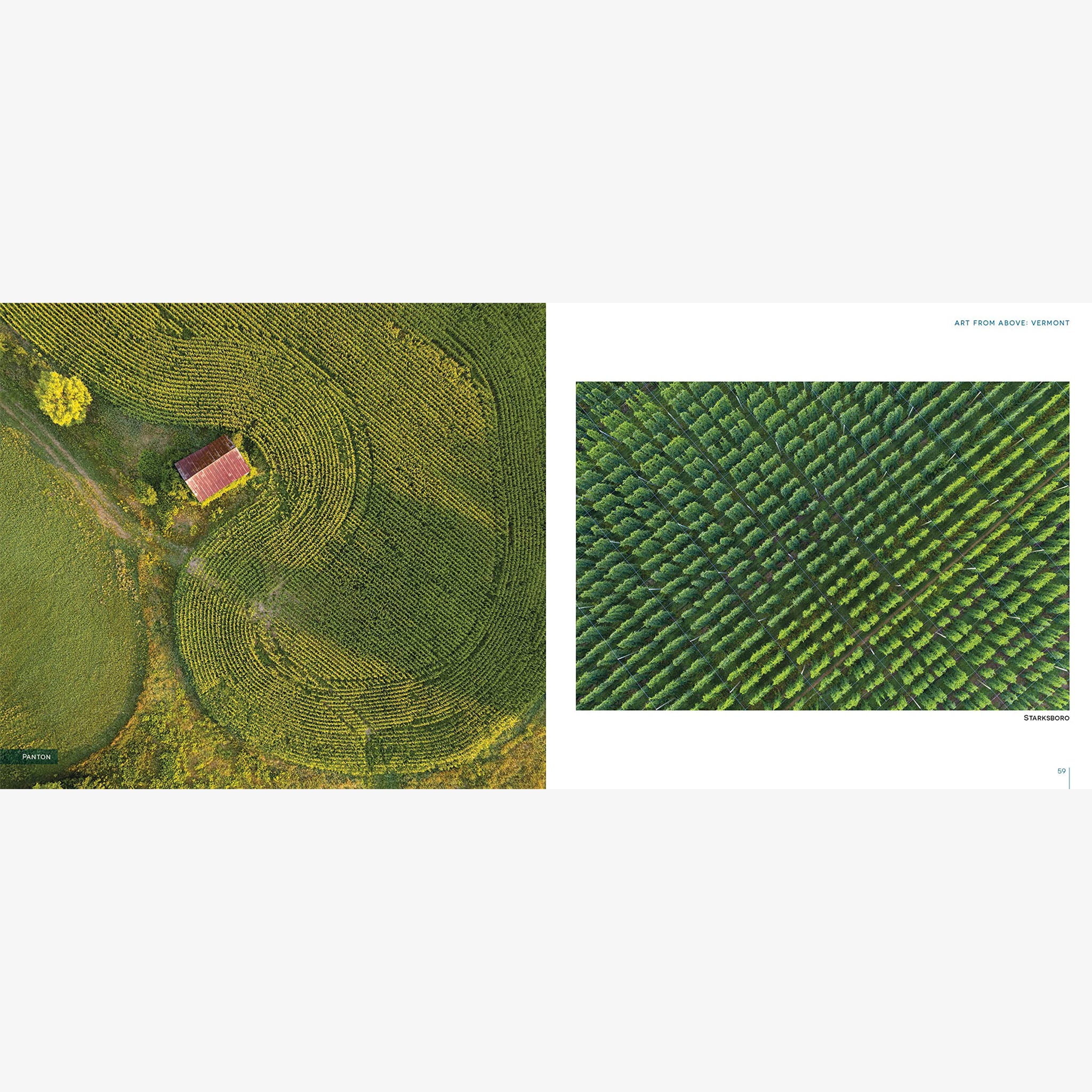 Inside pages of book: 'Art from above Vermont' photographs by Caleb Kanne