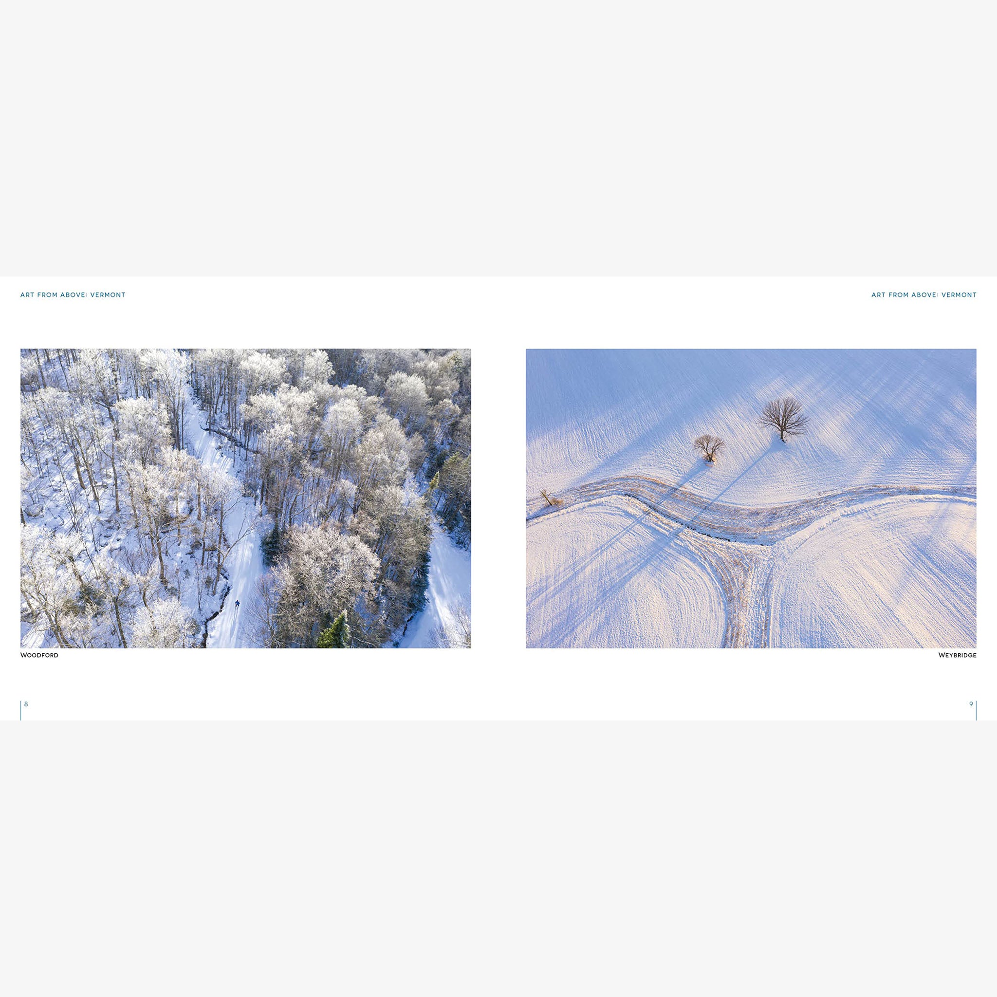 Inside pages of book: 'Art from above Vermont' photographs by Caleb Kanne