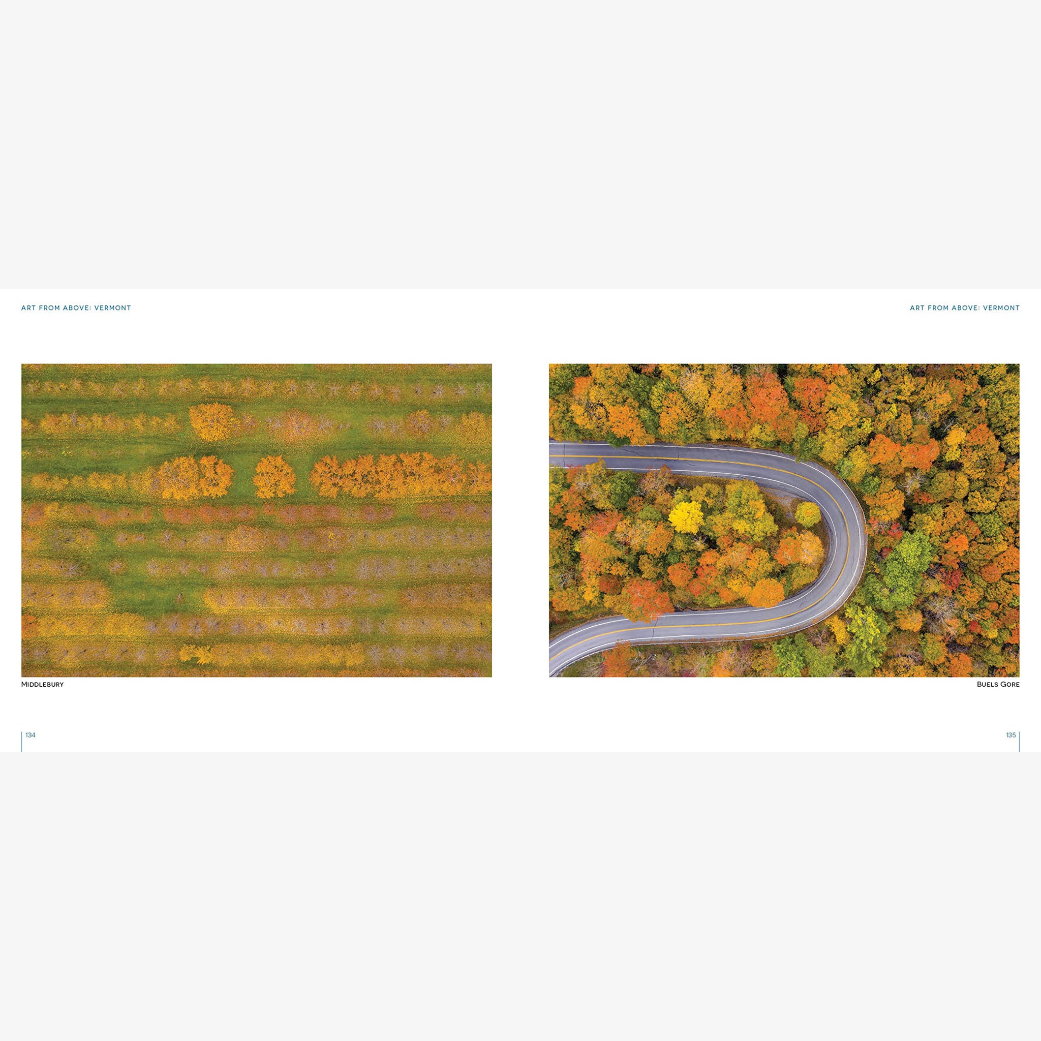 Inside pages of book: 'Art from above Vermont' photographs by Caleb Kanne