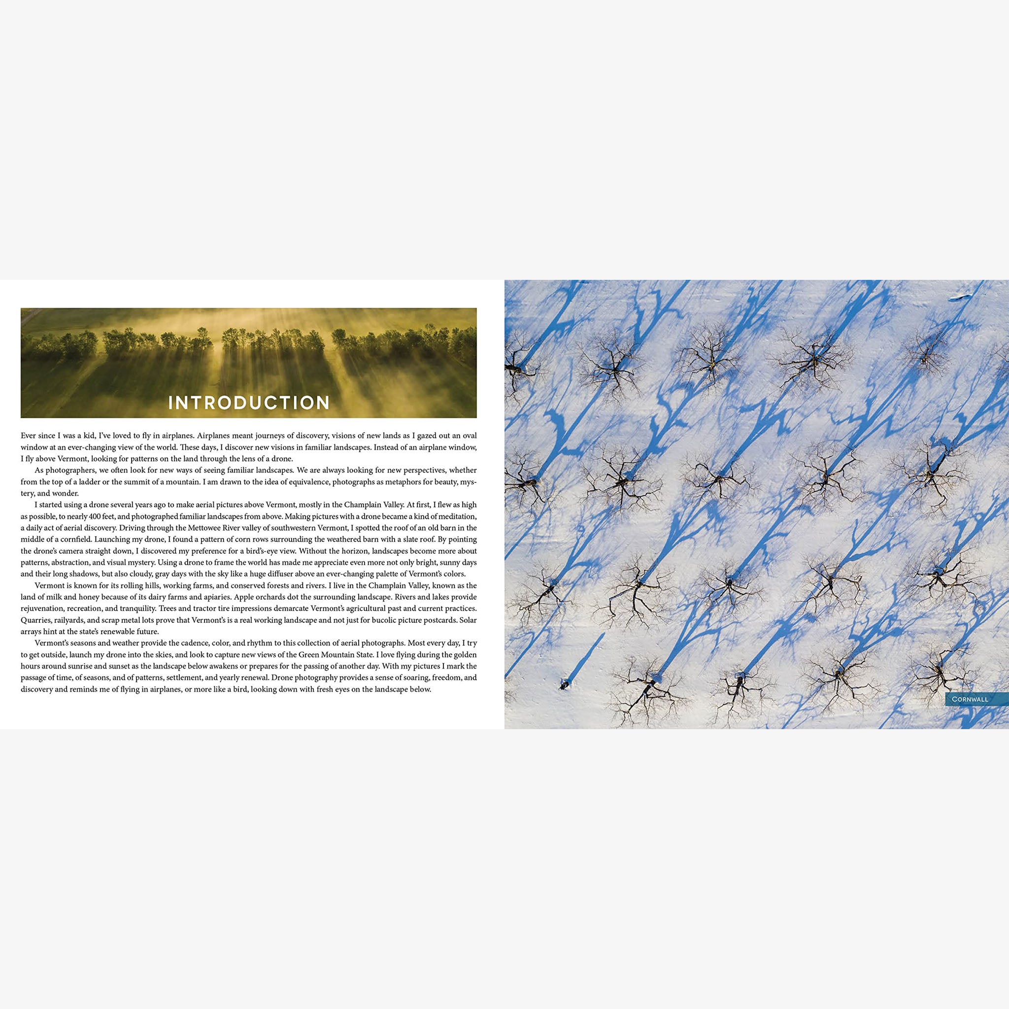Inside pages of book: 'Art from above Vermont' photographs by Caleb Kanne