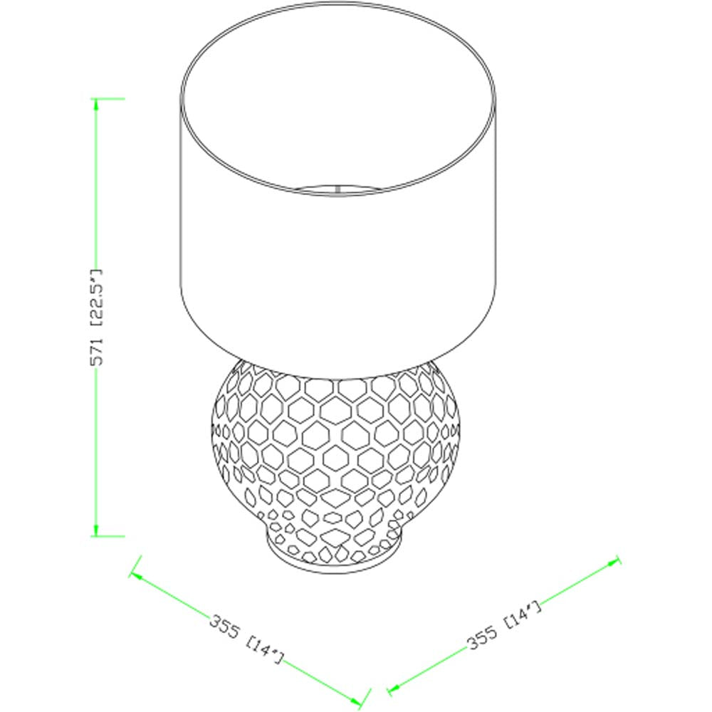 Dimensions of Surya Blakey table lamp with round white base and linen shade on a white background