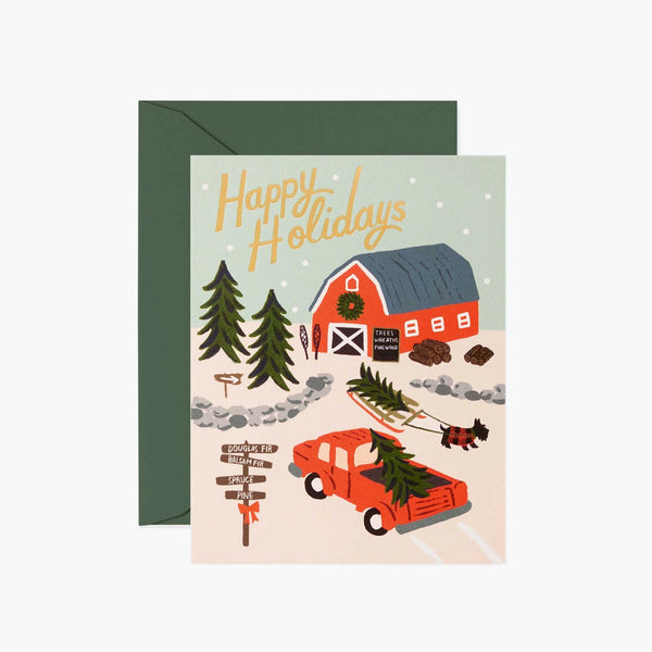 Rifle Paper Holiday Tree Farm Boxed Greeting Cards with red truck and red barn and sno on a white background