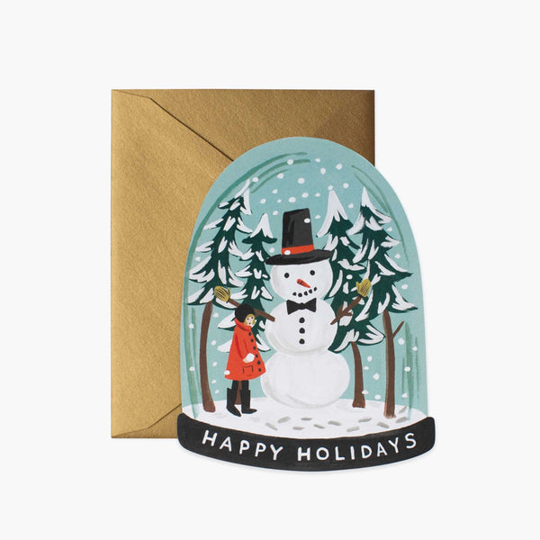 Rifle Paper Snow Globe Greeting Card with domed shape and snowman and saying 'Happy Holidays' with gold envelope