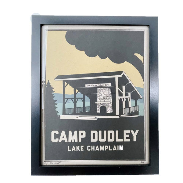 Wood cut style art print of Camp Dudley lake front with black trees on Lake Champlain by artist EJ Bartlett