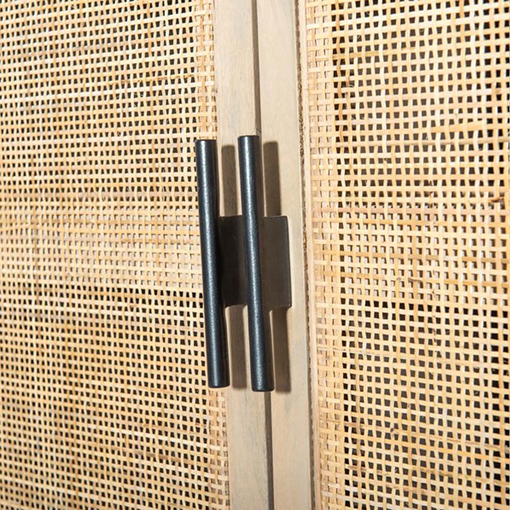 Close up of Four Hands Furniture brand caprice sideboard in light wood with four cane doors and iron handles