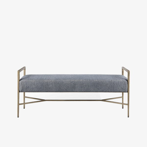 Bench with metal frame and grey upholstered seat on a white background